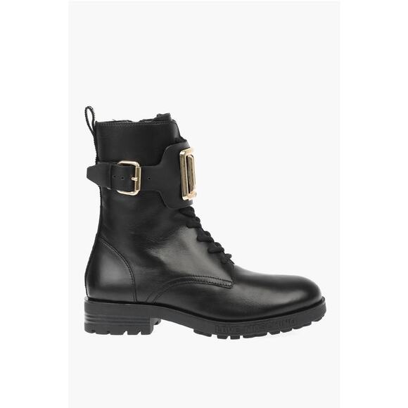 Moschino Love Leather Combat Boots with Side Zip and Golden Detail - Picture 3 of 6